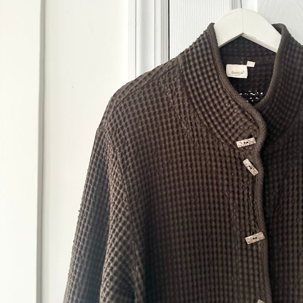 FOCUS Cotton Chocolate Brown Waffle Texture Lagenlook Wood Buttons Jacket XL - Picture 2 of 10